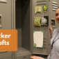 Becky posing beside an open locker door, which is decorated with her avocado themed crafts.