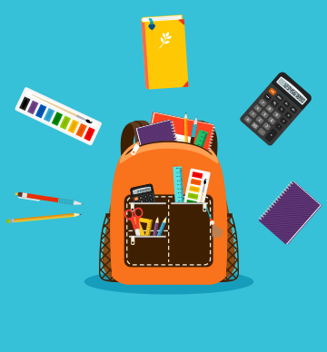 Illustration of an orange backpack filled with supplies and surrounded by a pen and pencil, paint palette, book, calculator, and notebook.