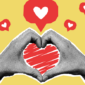 Two hands meet to form a heart, with red and white heart emojis surrounding the hands on a yellow background.